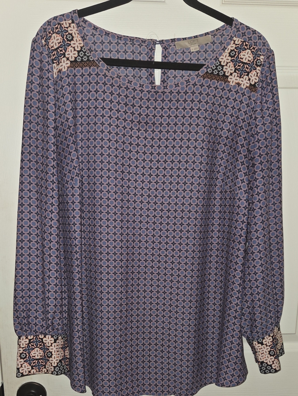 LOFT Purple Geometric Long-Sleeve Blouse Dress with Floral Accents - 18 PLUS
